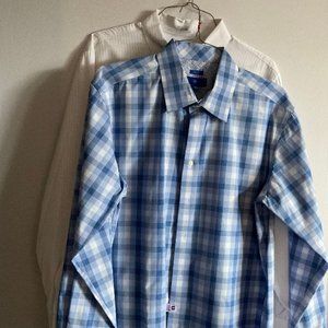 Two Button Down Shirts, Egara Blue Plaid and Calvin Kline Gray Pinstripe - XL